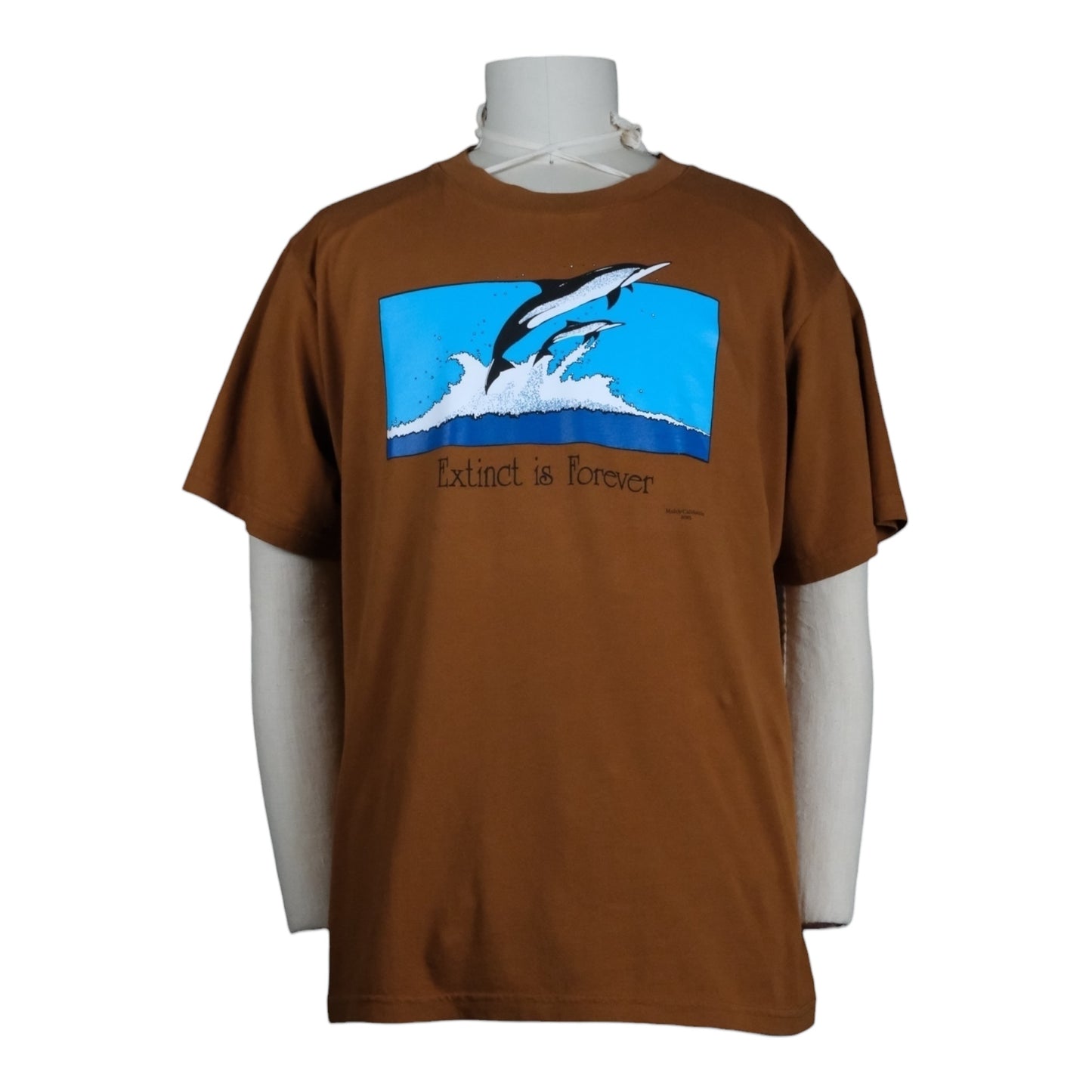Brown t-shirt with a graphic design on a white background