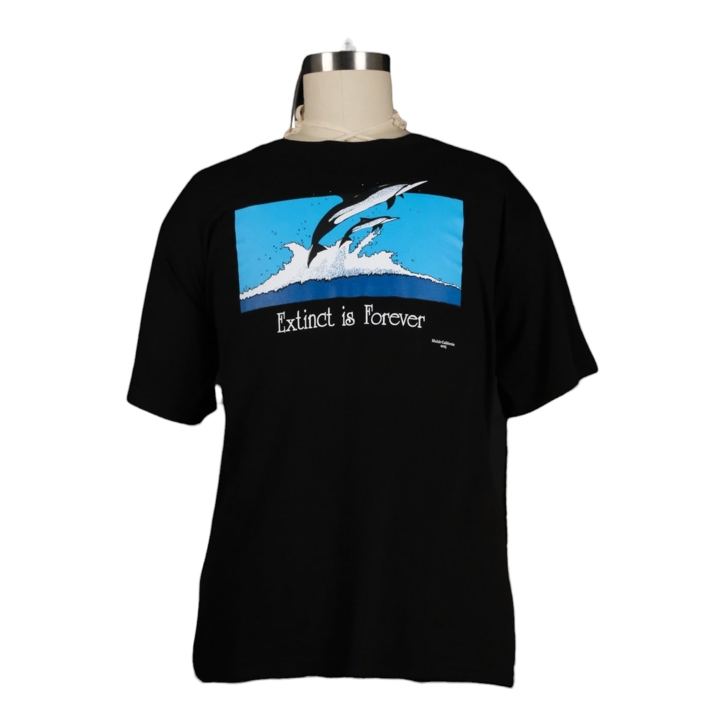 Black t-shirt with a graphic design of a dolphin and text on a mannequin against a white background