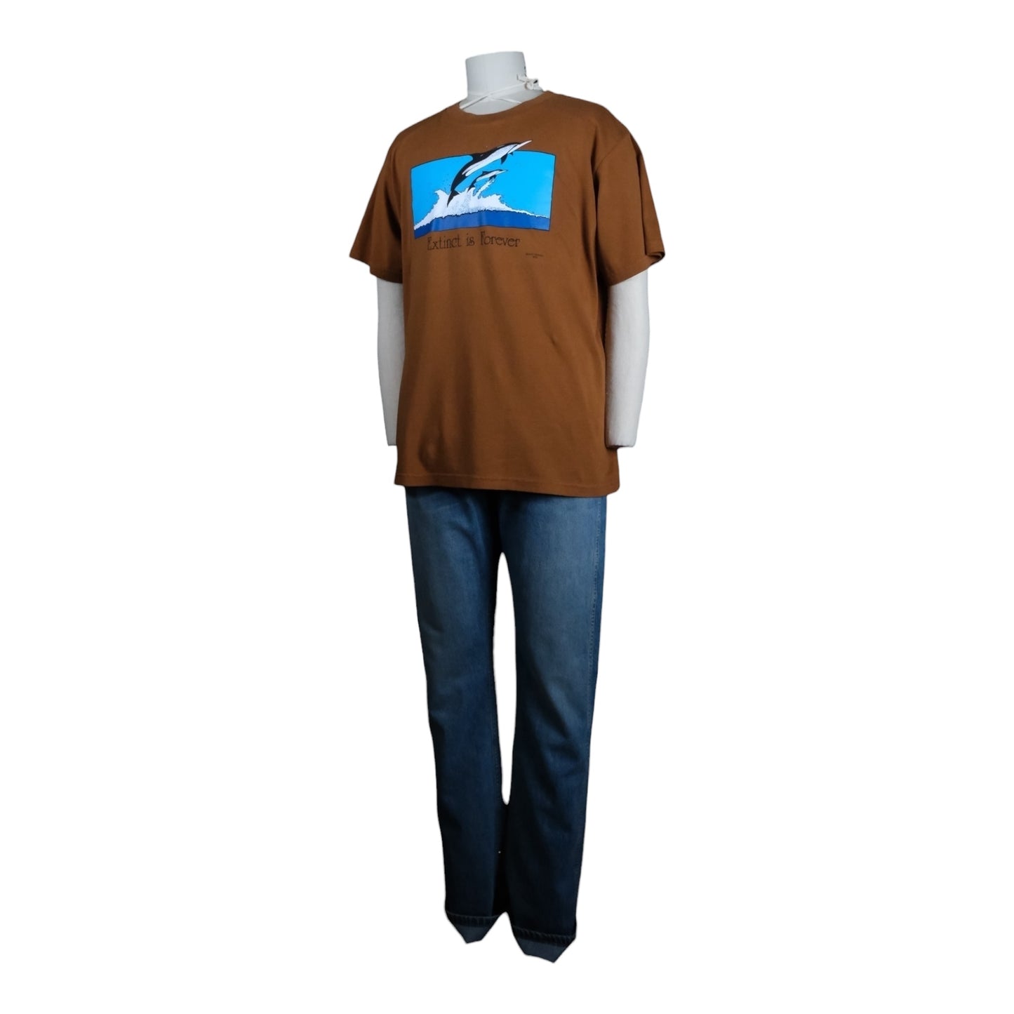 Brown t-shirt with a graphic design on a mannequin against a white background