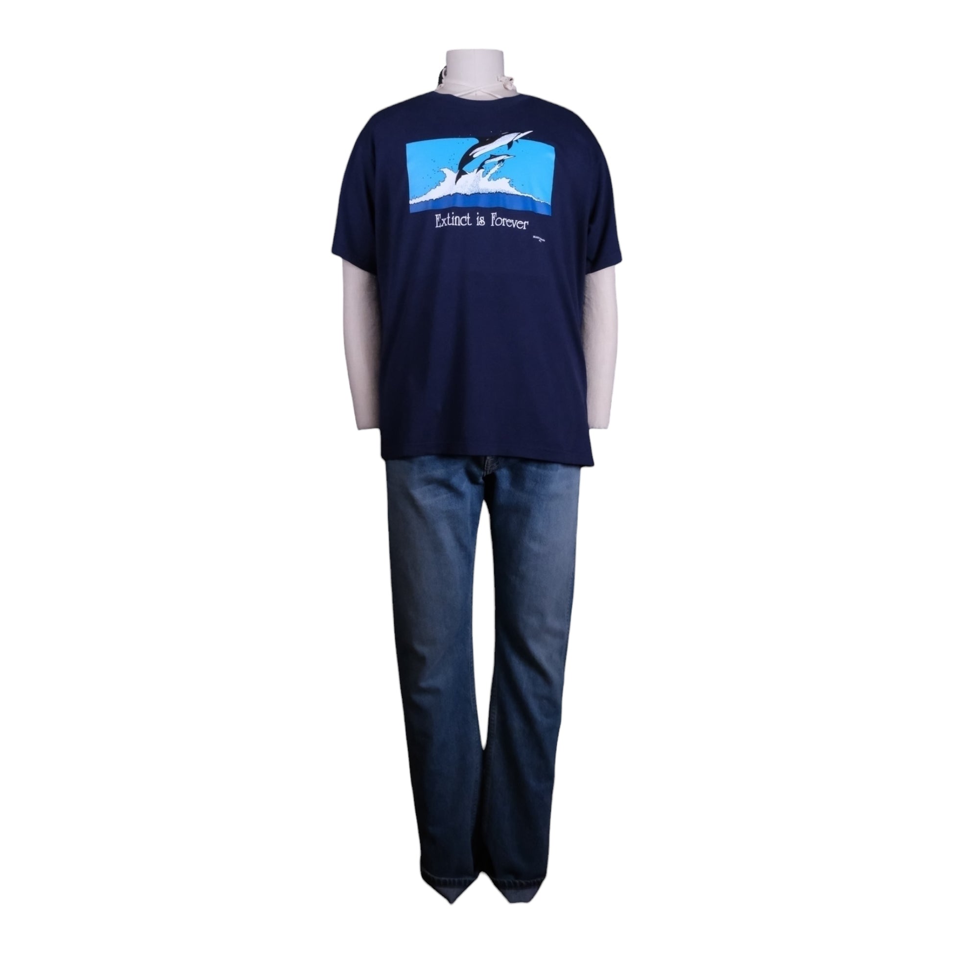 Navy blue t-shirt with graphic design on a mannequin against a white background