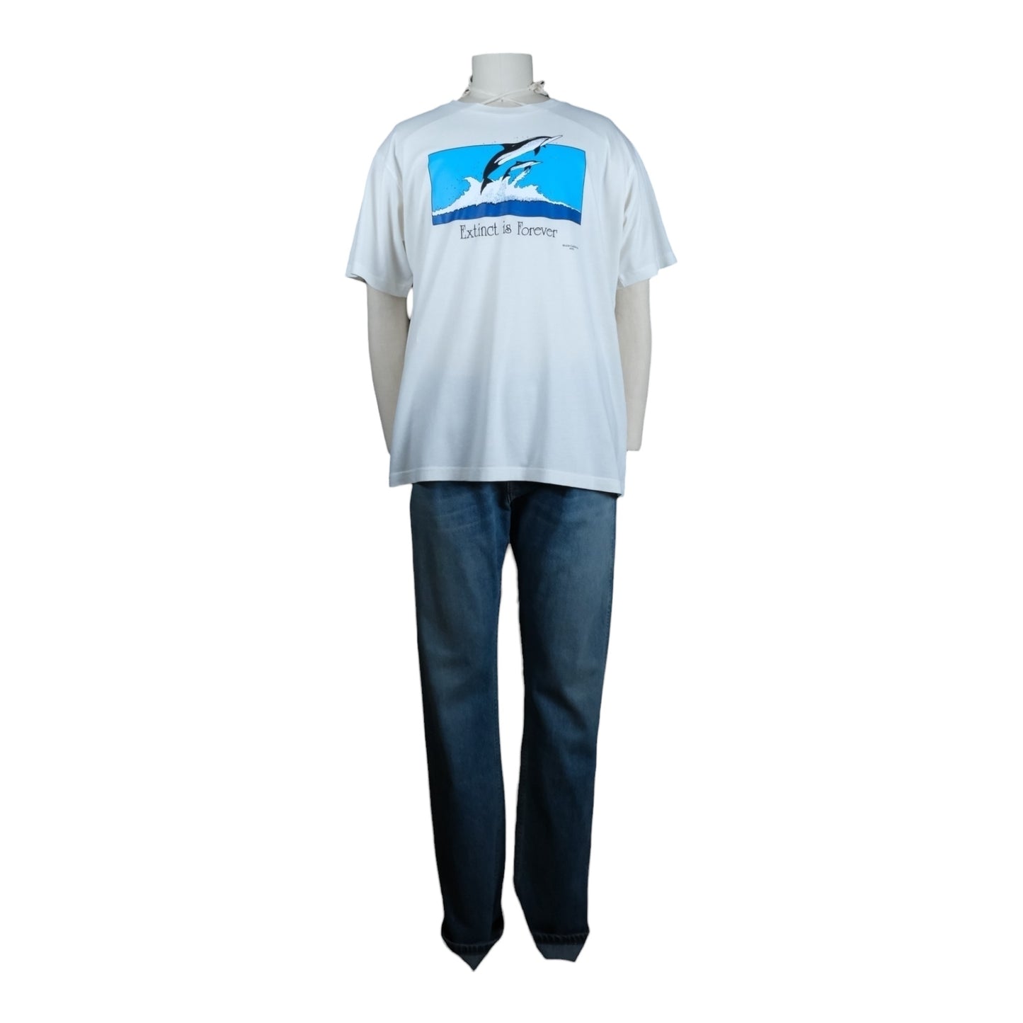 White t-shirt with blue graphic and dark pants on a mannequin against a white background
