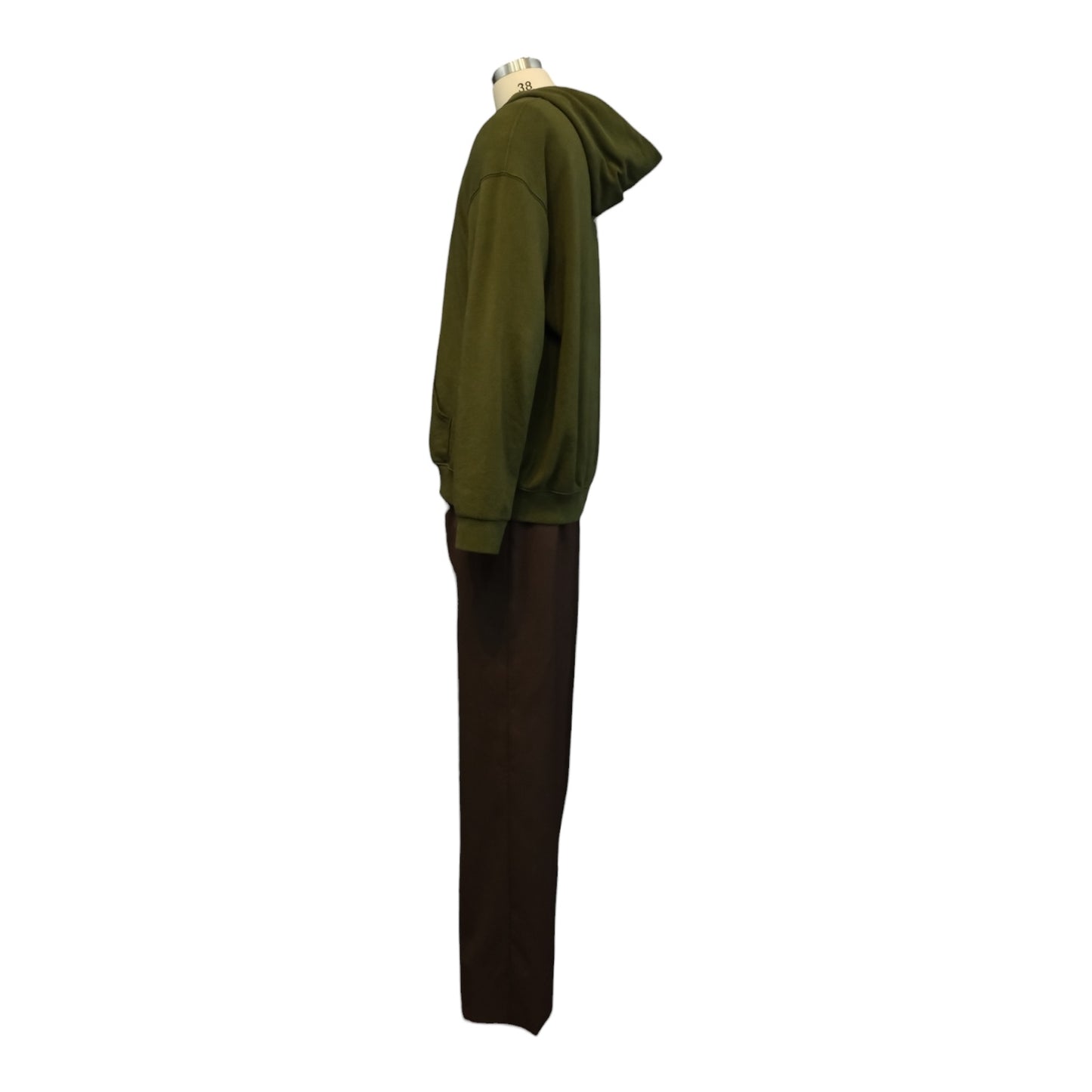 Green hoodie and brown pants on a mannequin against a white background
