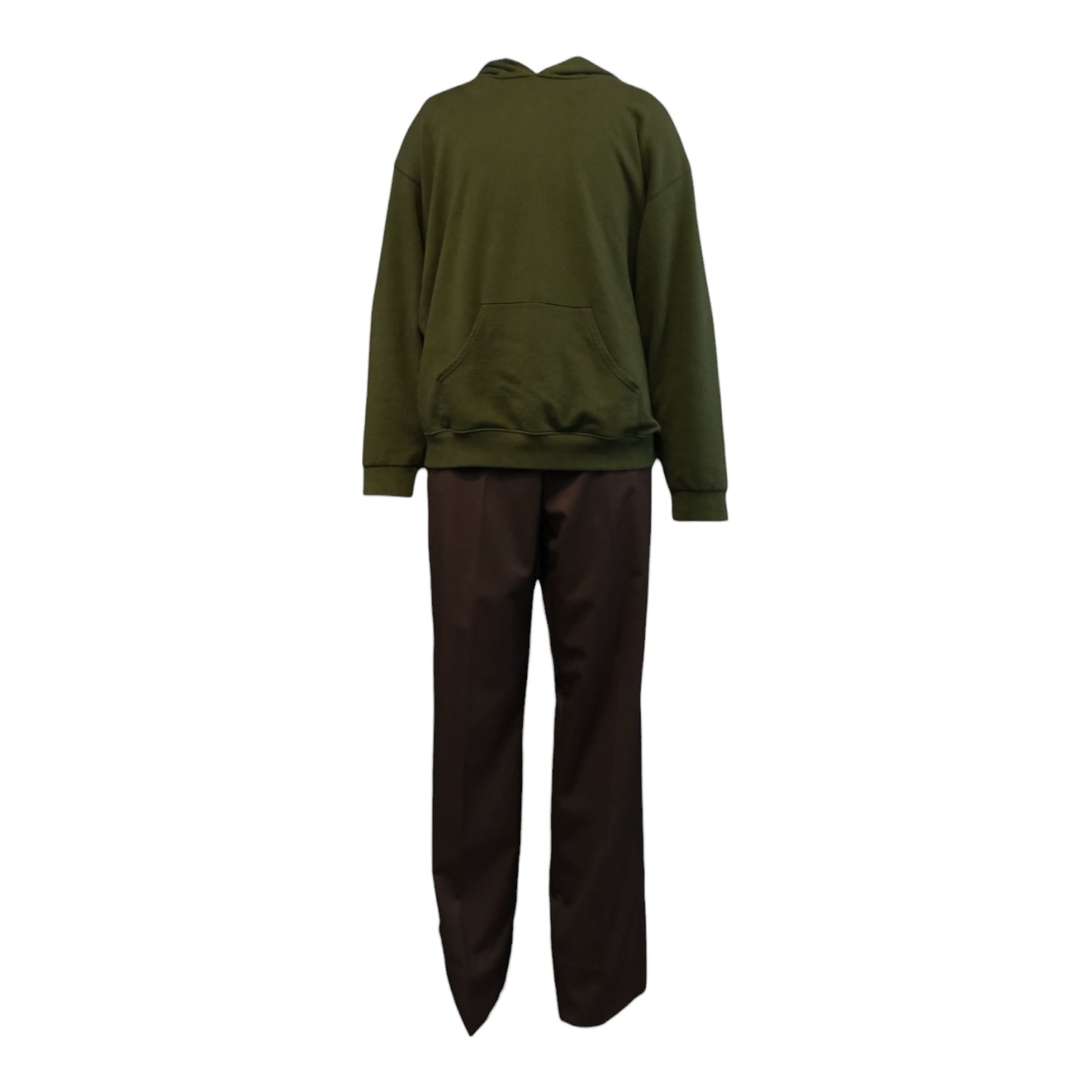 Green hoodie and brown pants set on a white background