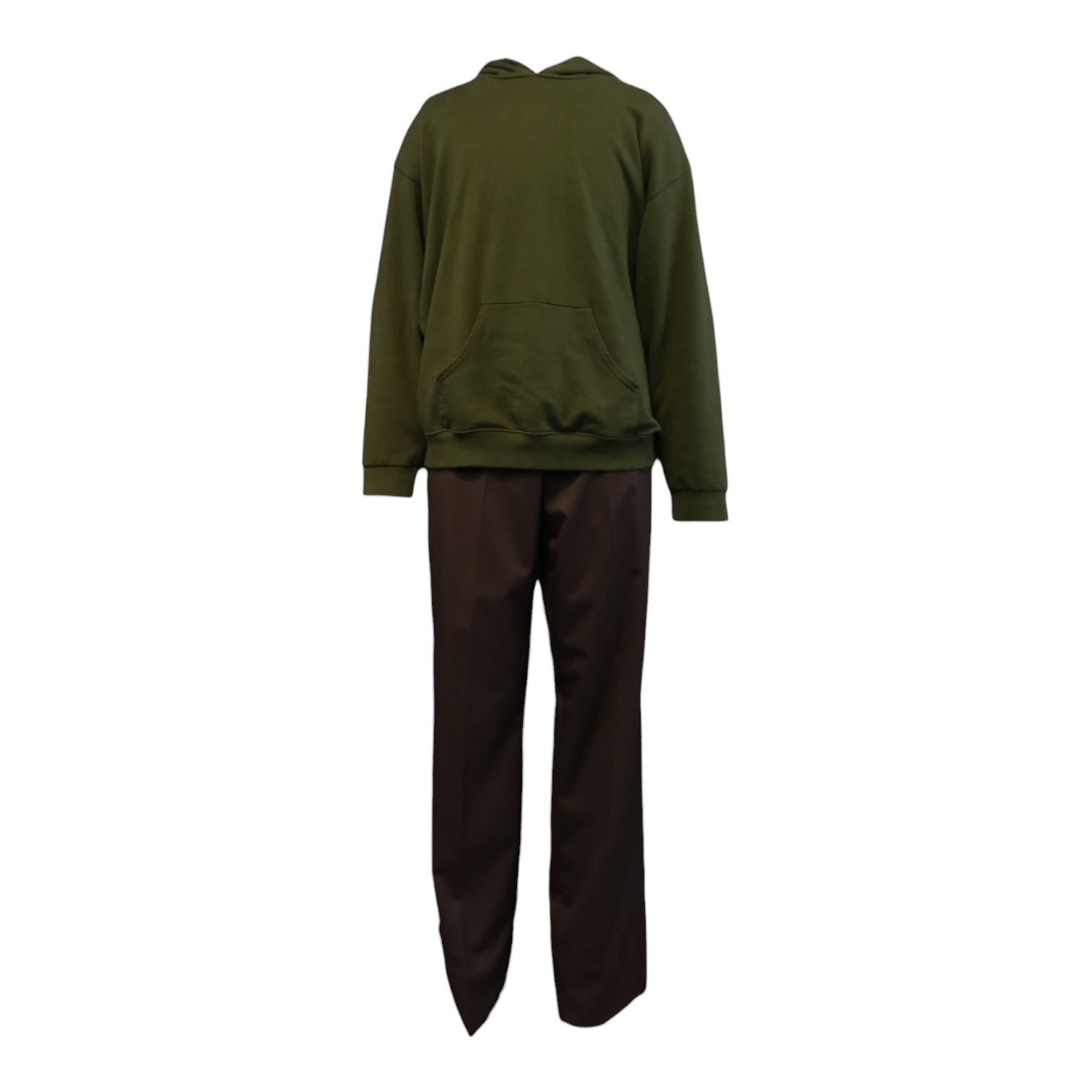 Green hoodie and brown pants set on a white background