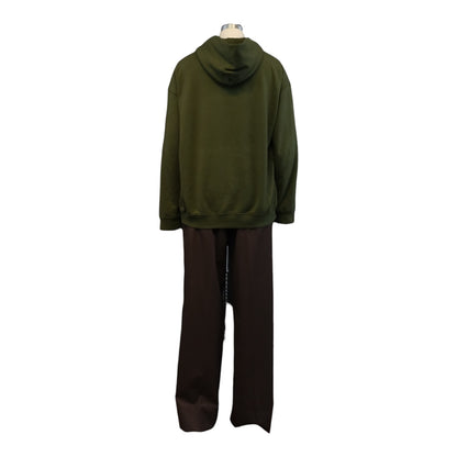 Green hoodie and brown pants on a mannequin against a white background