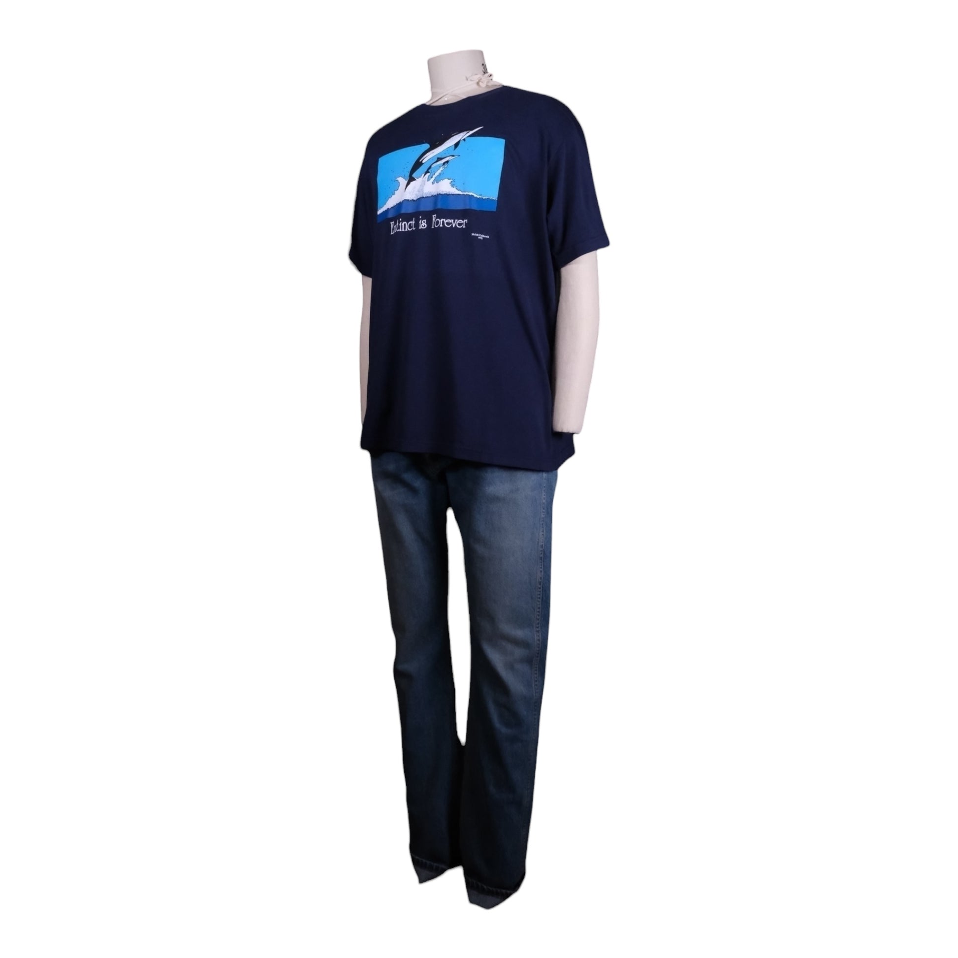 Navy blue t-shirt with a graphic design on a mannequin against a white background