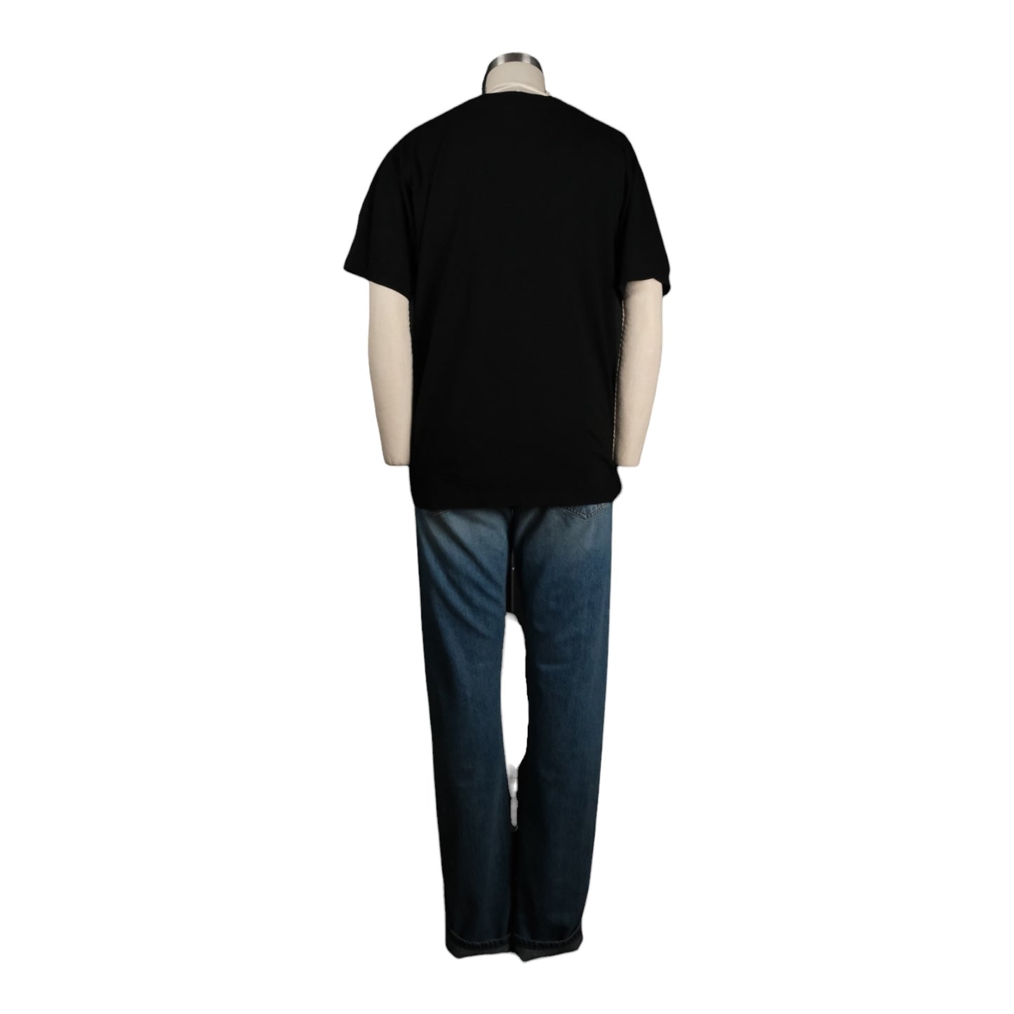 Mannequin wearing a black t-shirt and blue jeans on a white background