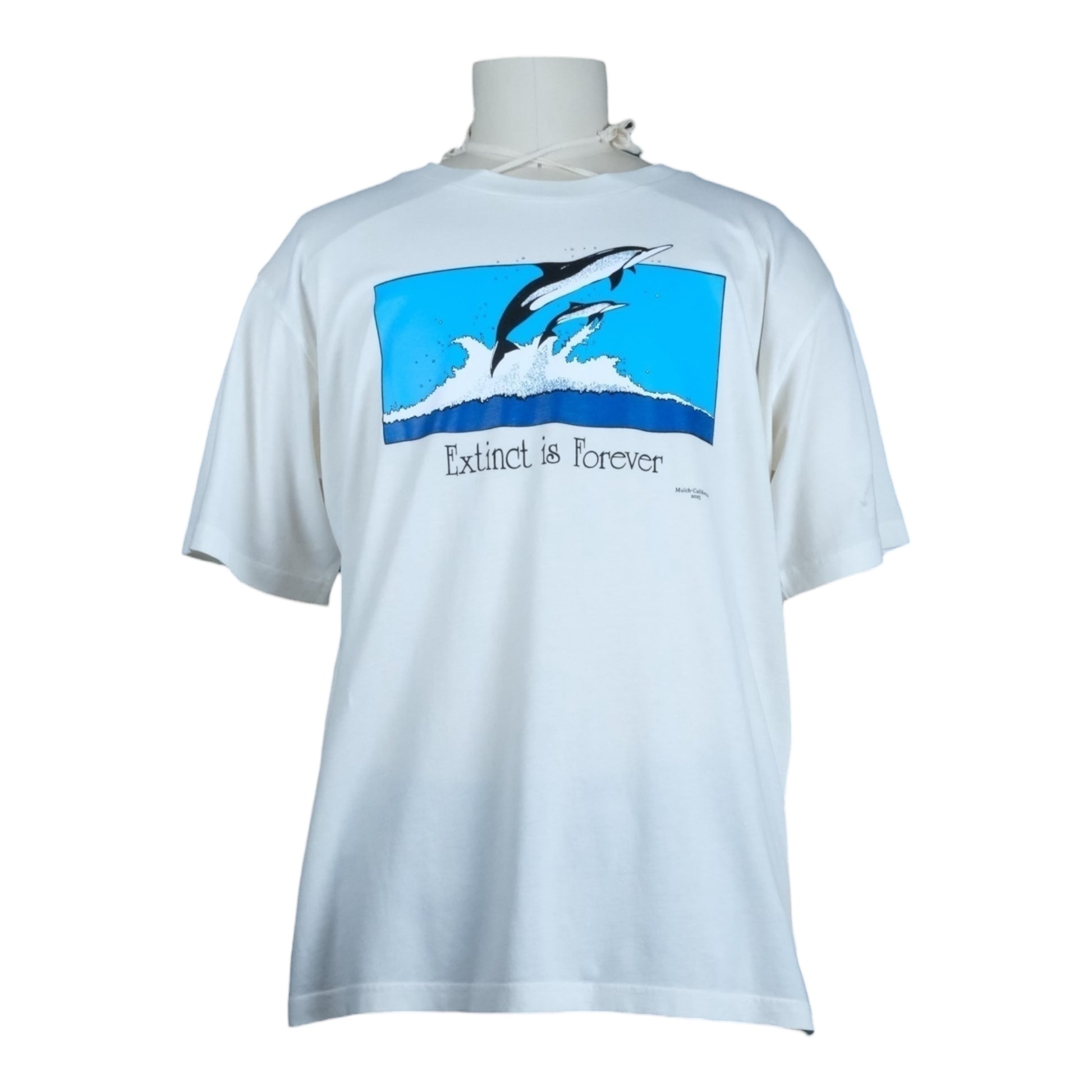 White t-shirt with a dolphin graphic and text on a white background