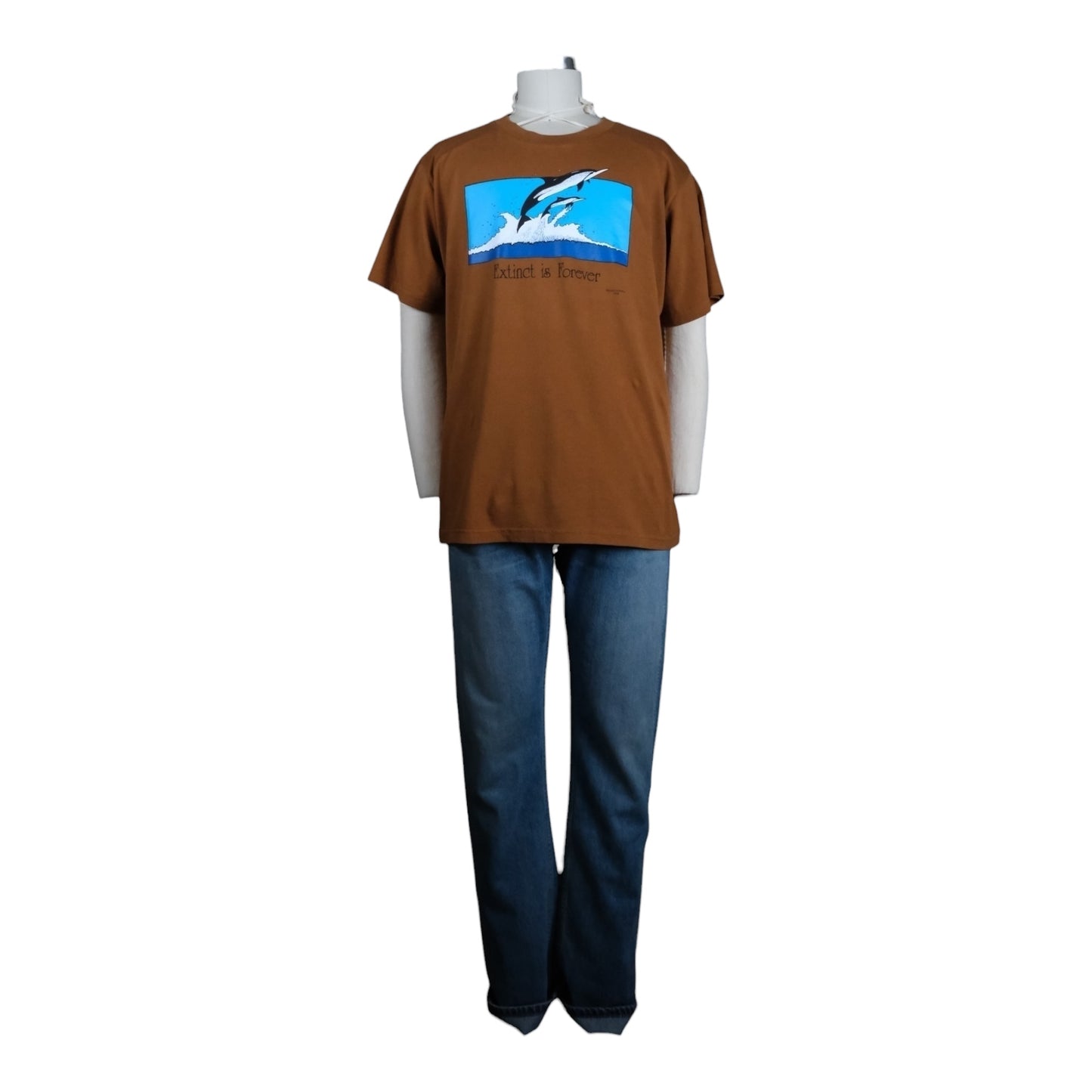 Brown t-shirt with a graphic design on a mannequin against a white background