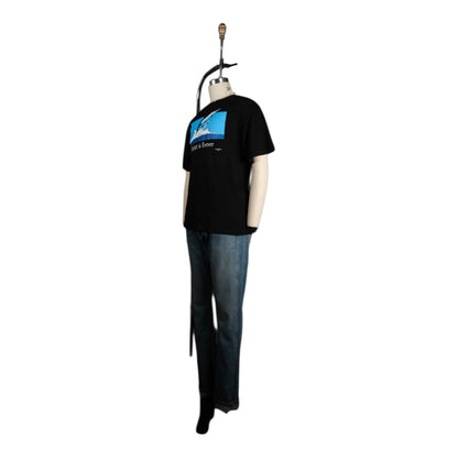 Black t-shirt with graphic design on a mannequin against a white background