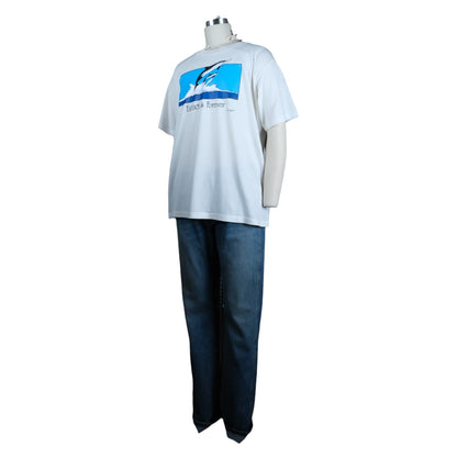 White t-shirt with blue graphic and dark pants on a mannequin against a white background